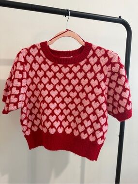 Zara Red and Pink Heart Jacquard Crewneck Sweater